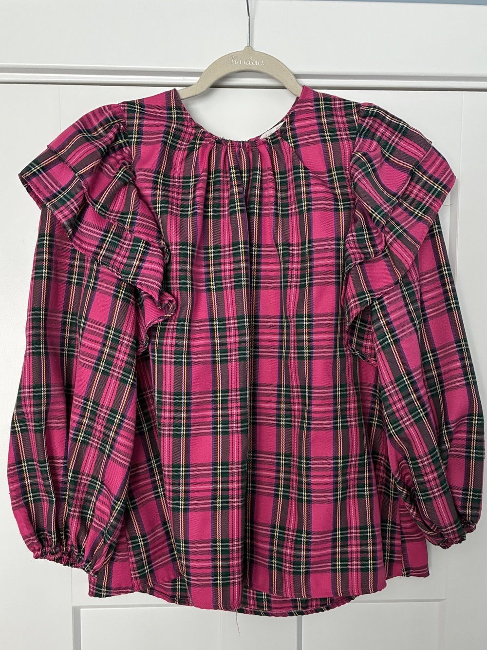 Women’s Pink Plaid Ruffle Sleeve Blouse